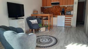 a living room with two chairs and a kitchen at les dryades in Gérardmer
