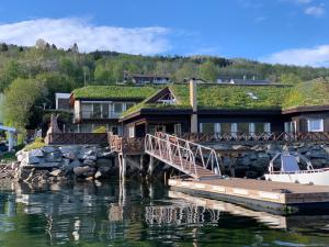 EidsvågにあるSolstrand Fjord Holidayの木橋のある水上の家