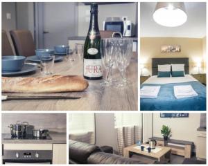 a collage of photos with a bottle of wine and a table at COLLEGIALE PROCHE CENTRE VILLE Home-One in Dole