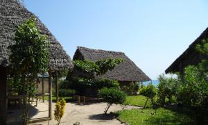 a group of huts with thatched roofs on a beach at Jabar Lodge in Zanzibar City