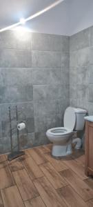 a bathroom with a toilet and a wooden floor at NOCLEGI Niemodlin in Niemodlin