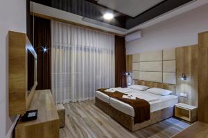 ein Schlafzimmer mit einem Bett und einem TV in der Unterkunft Velestovo View Apartments in Ohrid