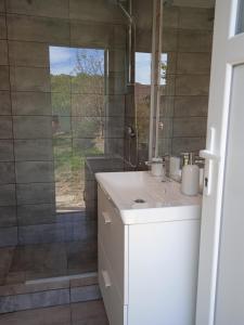 a bathroom with a white sink and a shower at Zen Garden in Oradea