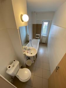 a bathroom with a toilet and a sink and a tub at New Green Apartment Studio 1 in Bucharest