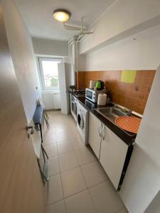 a kitchen with a sink and a washing machine at New Green Apartment Studio 1 in Bucharest