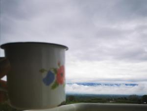 una taza de café sentada en el alféizar de la ventana en Guaduales del café 511 A en montenegro, en Montenegro