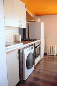 a kitchen with a washing machine and a stove at R&J Apartment I in Panevėžys