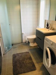 a bathroom with a toilet sink and a washing machine at Nära Kvarnen-Mollösund in Mollösund