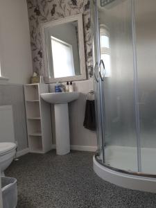 a bathroom with a shower and a sink and a mirror at Tigh Na Mara in Furnace