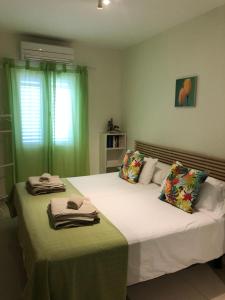科拉雷侯Vivienda Vacacional Casa Lina的房间里有两张床，窗帘是绿色的