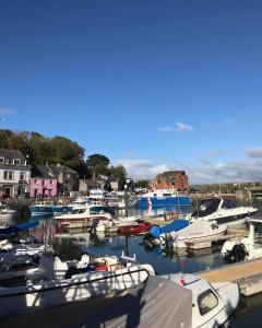 a bunch of boats are docked in a harbor at Sunny Corner, Padstow. Spacious 3 bedrooms, 2.5 bathrooms, parking, garden. in Padstow