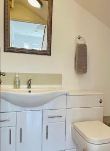 a bathroom with a sink and a toilet and a mirror at Sunny Corner, Padstow. Spacious 3 bedrooms, 2.5 bathrooms, parking, garden. in Padstow