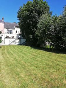 a grassy yard with a white fence and trees at Cottage by the river in Cenarth with fishing and Wifi in Cenarth