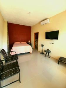 a bedroom with a bed and a flat screen tv at APARTHOTEL VISTA LAGO in Flores