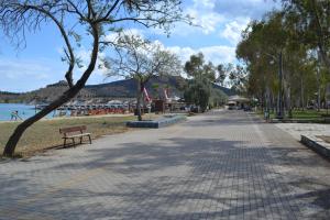 a walkway next to a beach with a bench and trees at Filoxenia Hotel in Volos