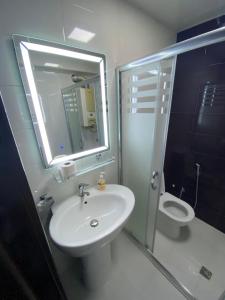 W łazience znajduje się umywalka, toaleta i lustro. w obiekcie Welcome Baku Apartment w mieście Baku