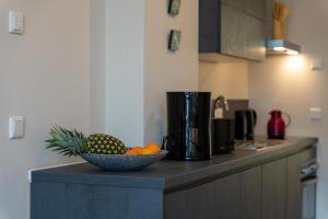 a bowl of fruit on a counter in a kitchen at Arbio I Duxen Apartments Hagenbeck Zoo in Hamburg