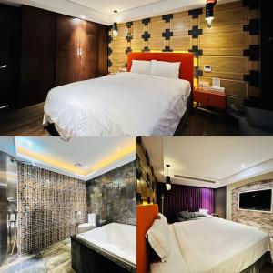 a hotel room with two beds and a bath tub at Formosa Motel & Inn in Changhua City