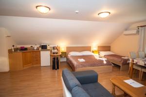 a hotel room with a bed and a kitchen at Apartmán a ubytování U Machů in Mikulov