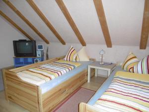 a bedroom with two beds and a tv at Ferienwohnungen Moritz in Riechheim
