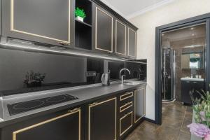 a kitchen with black and brown cabinets and a sink at Arcadia Plaza Apartments in Odesa