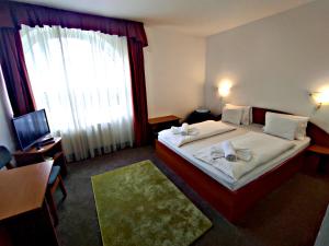 a hotel room with a bed and a window at Átrium Hotel Harkány in Harkány