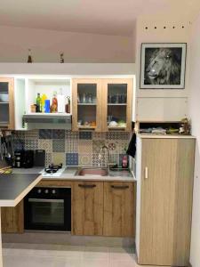 a kitchen with wooden cabinets and a sink at Studio avec jardin clos et wifi a Dijon in Dijon