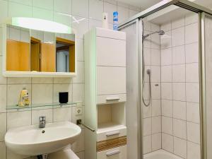 y baño con lavabo y ducha. en Ferienwohnung Elsa - Parkplatz, Küche, WLAN, ruhige Lage, en Malterdingen