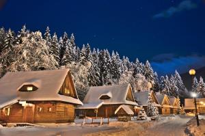 a log cabin in the snow at night at Hotel****Liptovský dvor in Liptovský Ján