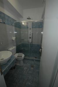 a bathroom with a shower and a toilet and a sink at Pension Ocean View in Naxos Chora