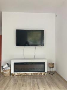 uma televisão de ecrã plano por cima de uma lareira na sala de estar em Vita Bella Sinaia em Sinaia