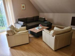 a living room with two couches and a coffee table at Amselpark in Barkelsby