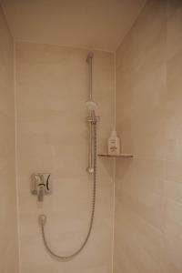 y baño con ducha y cabezal de ducha. en Altstadtmittehotel Sonne en Dinkelsbühl