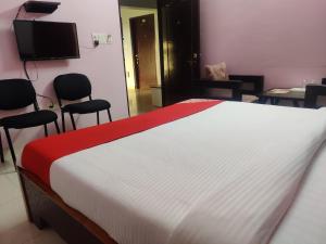 齋浦爾的住宿－Hotel Aarjee Crescent Jaipur，一间卧室配有一张带两把椅子的床和一台电视。