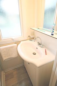 La salle de bains blanche est pourvue d'un lavabo et d'une fenêtre. dans l'établissement Happy Camp Mobile Homes in Camping Terme Čatež, à Čatež ob Savi