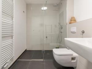 La salle de bains est pourvue de toilettes, d'un lavabo et d'une douche. dans l'établissement limehome Leipzig Jahnallee, à Leipzig