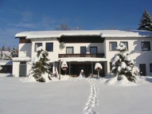una casa cubierta de nieve con huellas en la nieve en Hochwald-EnSuite en Bad Sachsa