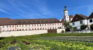 ein großes Gebäude mit einem Uhrturm in einem Garten in der Unterkunft Bischöfliches Seminar St. Willibald in Eichstätt