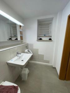 Baño blanco con lavabo y aseo en Haus 13 zum Südblick, en Garnbach