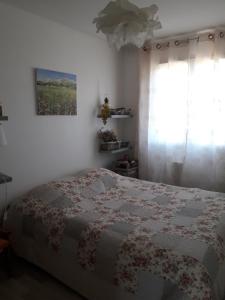 ein Schlafzimmer mit einem Bett mit einer Decke darauf in der Unterkunft Chez isa in Massilly