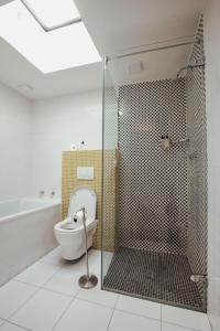 uma casa de banho com um WC e uma cabina de duche em vidro. em Boschenmeer House em Paarl