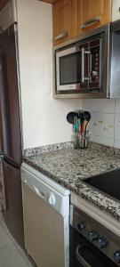 a kitchen with a granite counter top and a microwave at EL DESVÁN in Santa Marta de Tormes