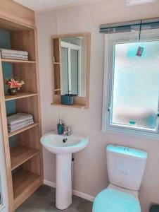 La salle de bains est pourvue d'un lavabo, de toilettes et d'une fenêtre. dans l'établissement Spacious Caravan - Thorpe Park Cleethorpes, à Humberston