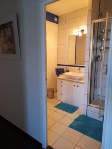 ein Bad mit einer Dusche, einem Waschbecken und einem Spiegel in der Unterkunft Appartement La Méditerranée vue sur Mer plein soleil 3 climatisations réversibles in Port-Vendres