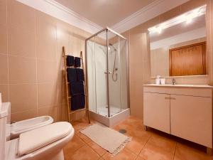 y baño con ducha, aseo y lavamanos. en Apartamentos da Carreira, en Funchal