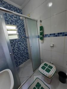 a bathroom with a shower and a toilet and a sink at CANTINHO VOLTE SEMPRE in Aparecida +4 photos