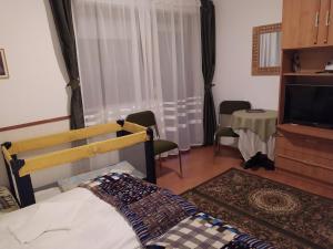 una camera con letto, televisore e tavolo di Nimród Pihenőház a Egerszalók