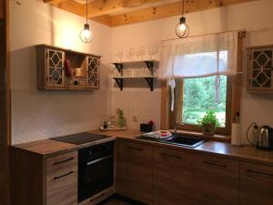 Η κουζίνα ή μικρή κουζίνα στο Deluxe Holiday Zdrojowa -Willa typu Alpejskiego w Borach Tucholskich-Całoroczna Balia z jacuzzi-Prywatny las i strumyk -Duża Wiata grillowa