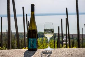 a bottle of wine sitting next to a glass at Sunny Garden in Zánka
