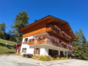 a building with a balcony with flowers on it at Apartments B&B Pretermo in Badia
